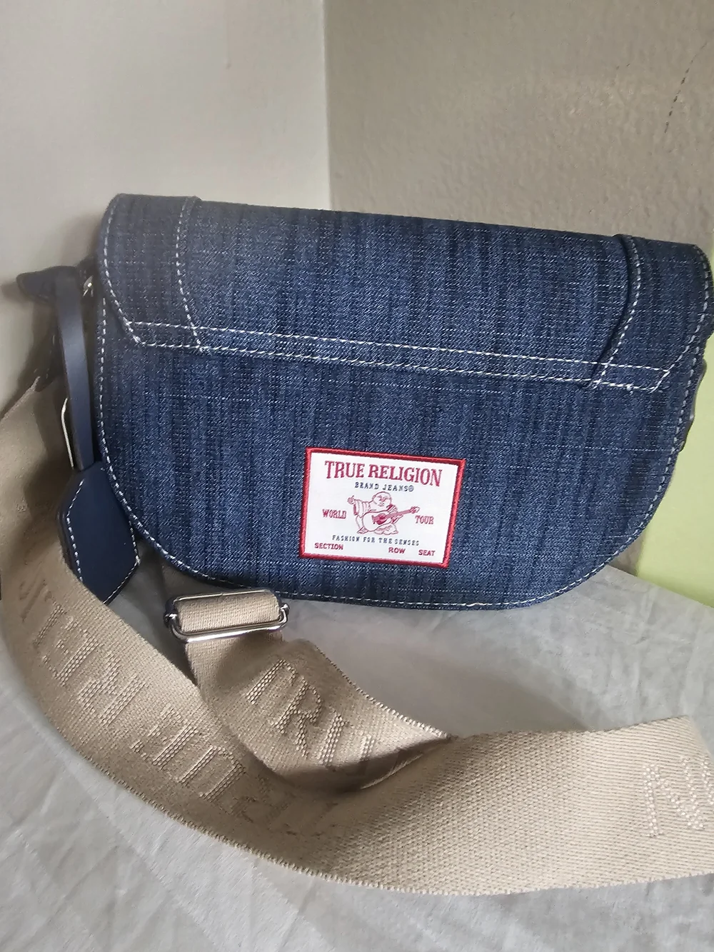 True Religion Denim Crossbody Bag with Studded Horseshoe - Blue